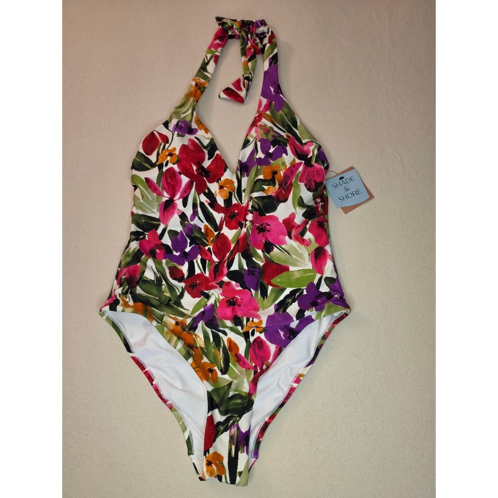 Shade & Shore Halter Plunge One Piece Swimsuit Multi-Color Size 18 NWT